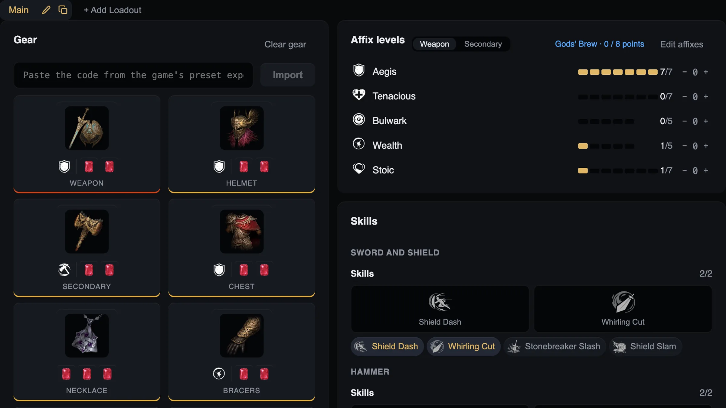 El editor de guías con el equipo y los loadouts de una build
